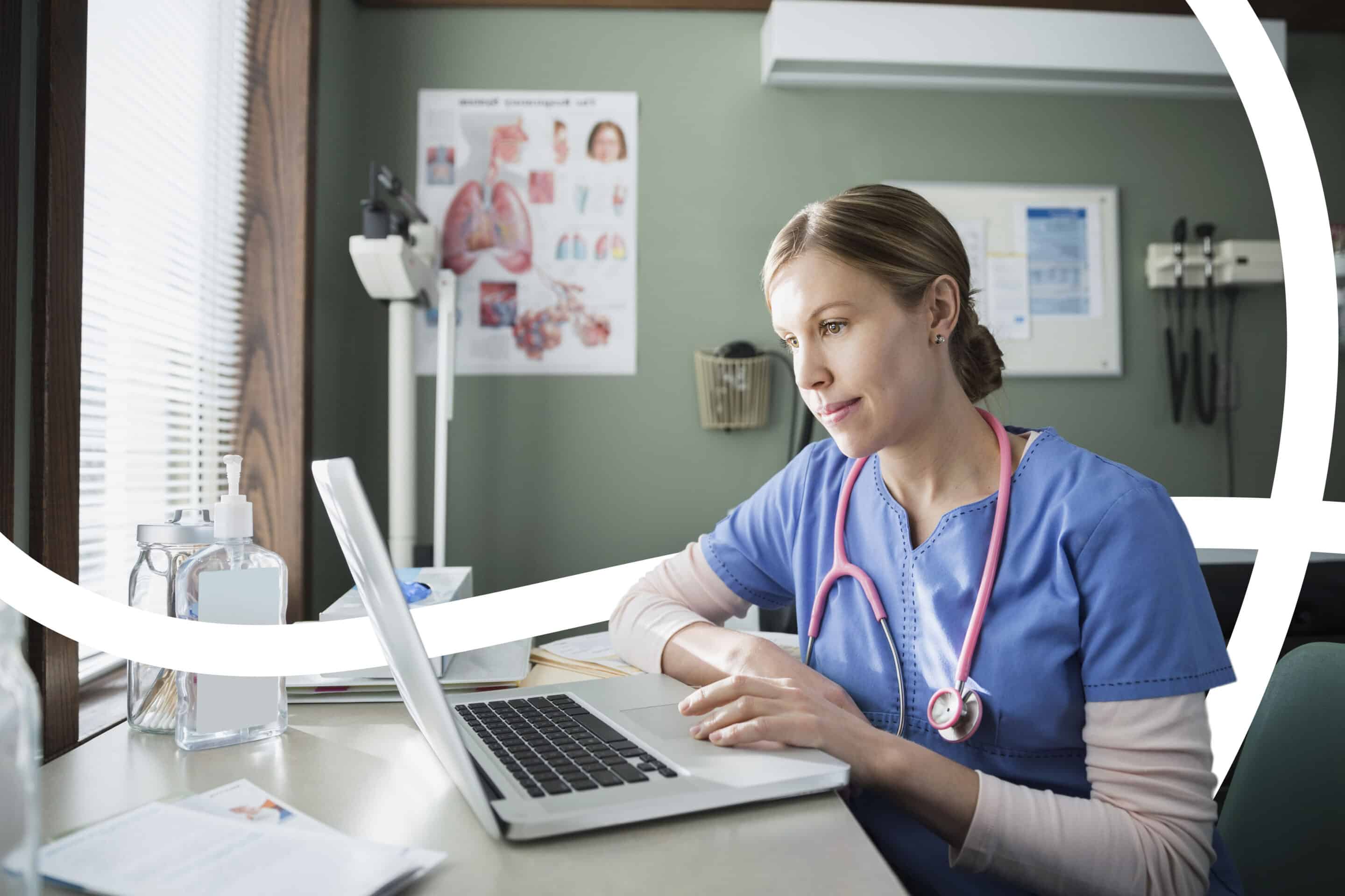 Nurse at laptop in doctors office Connected Care for Health Plans